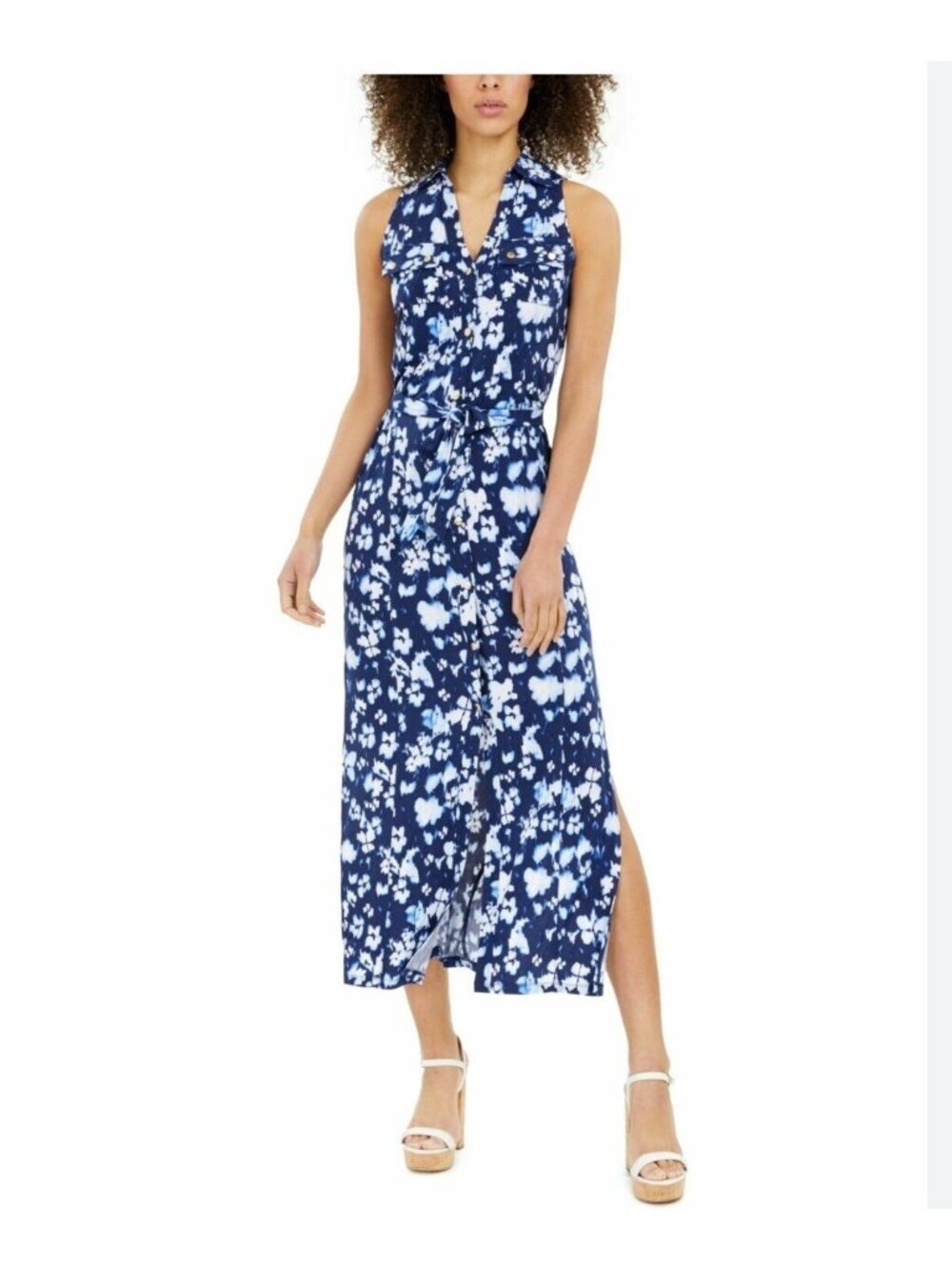 MICHAEL KORS Women's Blue Floral Dye Sleeveless Side Slit Maxi Dress Size S